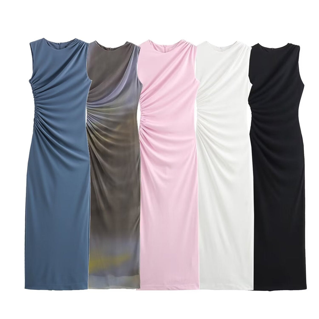 GRMODE | Solid Color Round Neck Sleeveless Pleated Slim Fit Dress