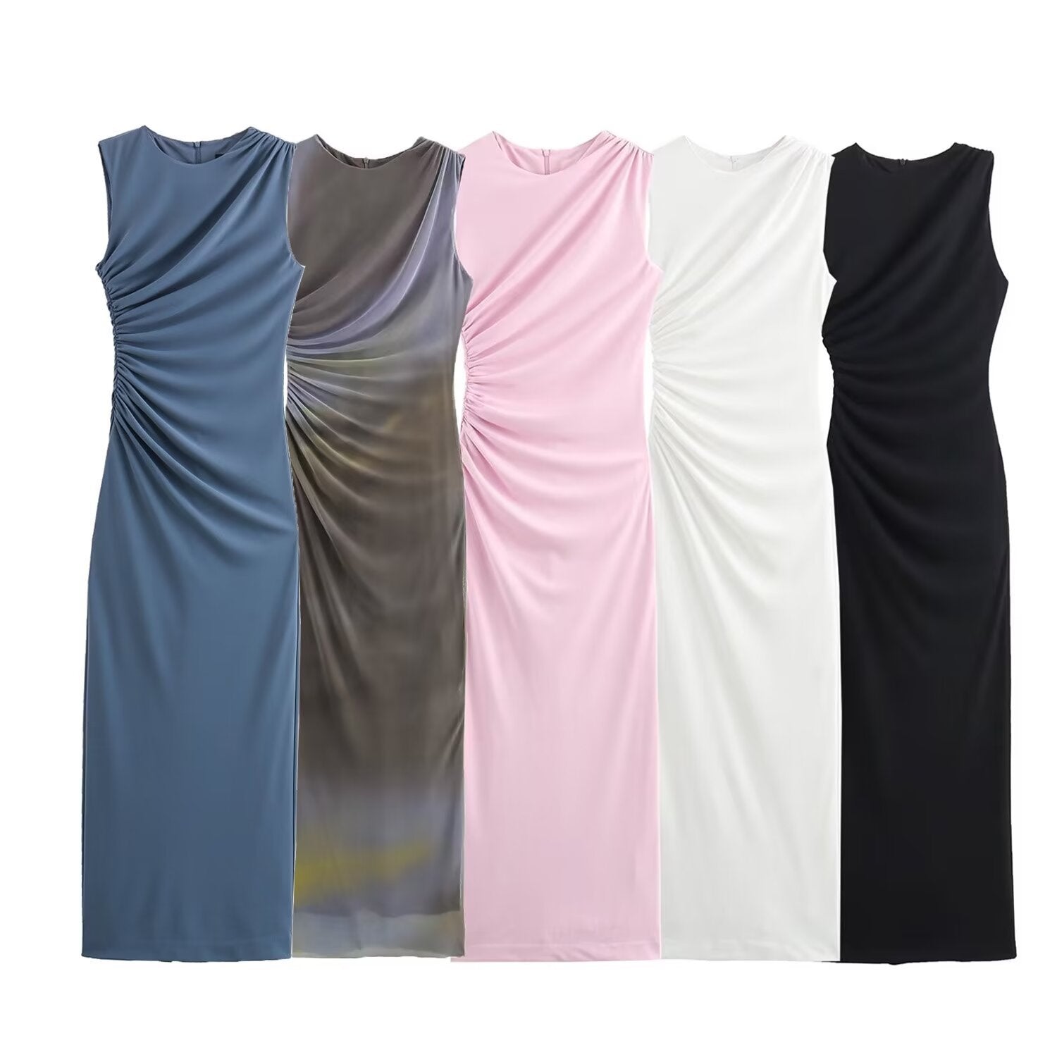 GRMODE | Solid Color Round Neck Sleeveless Pleated Slim Fit Dress