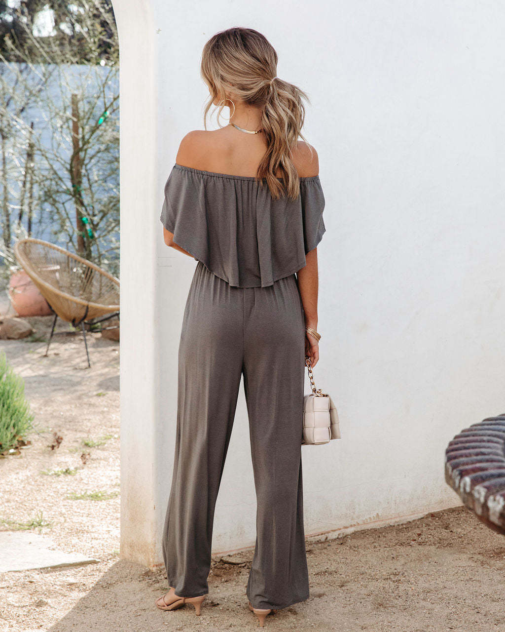 Women's Elegant Off-Shoulder Jumpsuit with Wide Leg and Flowing Top, Size