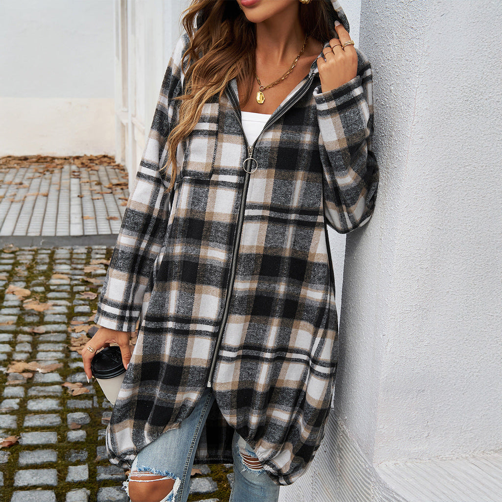 Women's Checked Long Jacket with Hood and Pockets, Size