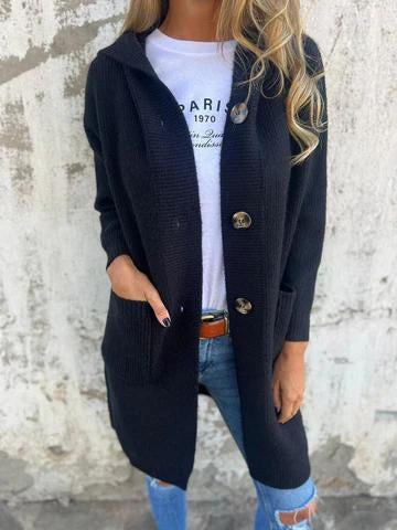 Damen Strickjacke mit Kapuze und Knöpfen GR