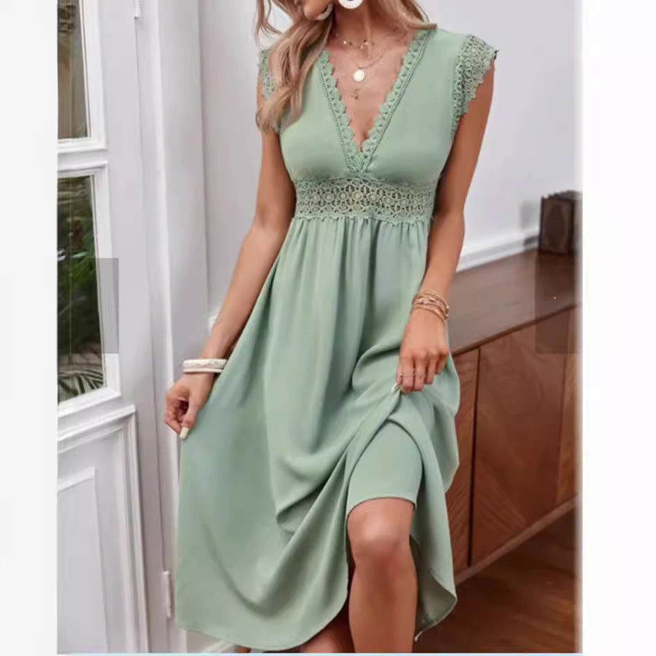 GR | Spitzen-Hollow-Patchwork-V-Ausschnitt-Kleid