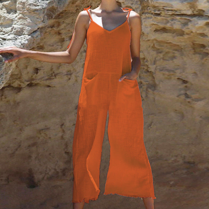 Women's linen jumpsuit with stylish V-neck and practical pockets, size S