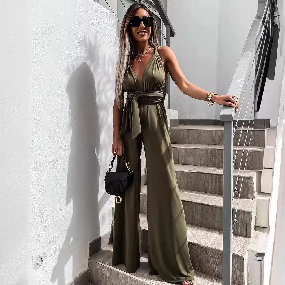 GR | Sleeveless Solid Color Waist Belt Jumpsuit 