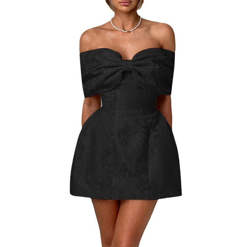 Women's off-the-shoulder cocktail dress with elegant floral pattern and elaborate ruffle trim, size S