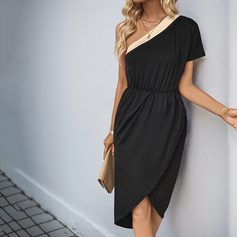 Women's asymmetrical midi dress with tie-waist belt and modern details, size
