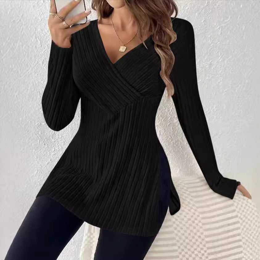 Women's elegant long-sleeved wrap-style shirt with textured ribbed look, size
