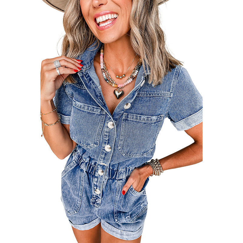 Women's denim jumpsuit with a tailored fit and functional pockets, size S