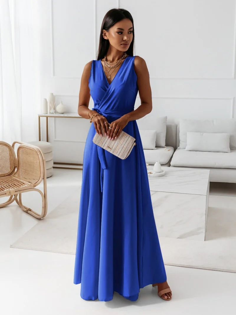 GR - Women's solid color V-neck long dress