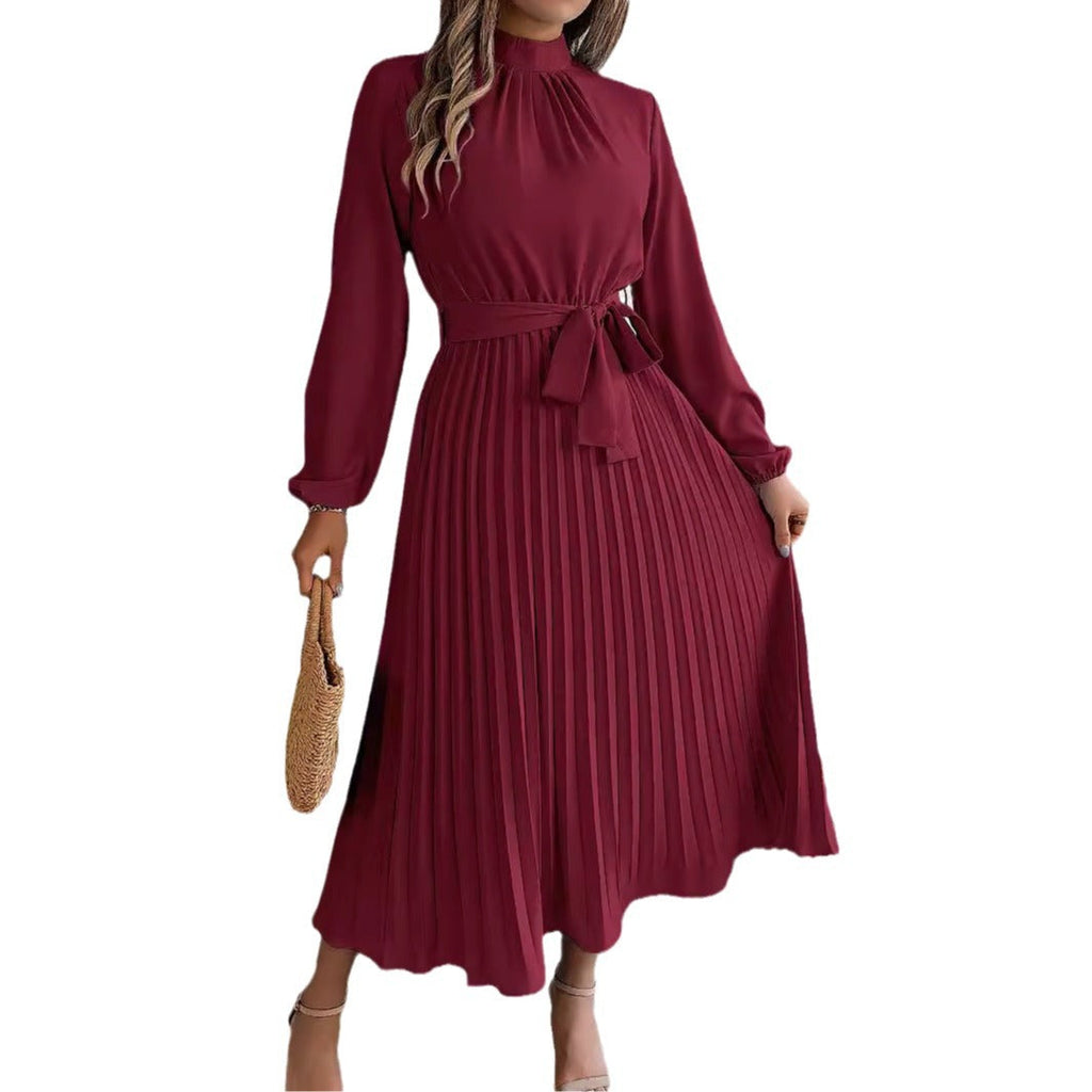 GR | Elegante Stehkragen Taillierter Plissierter Langer Rock kleines Kleid