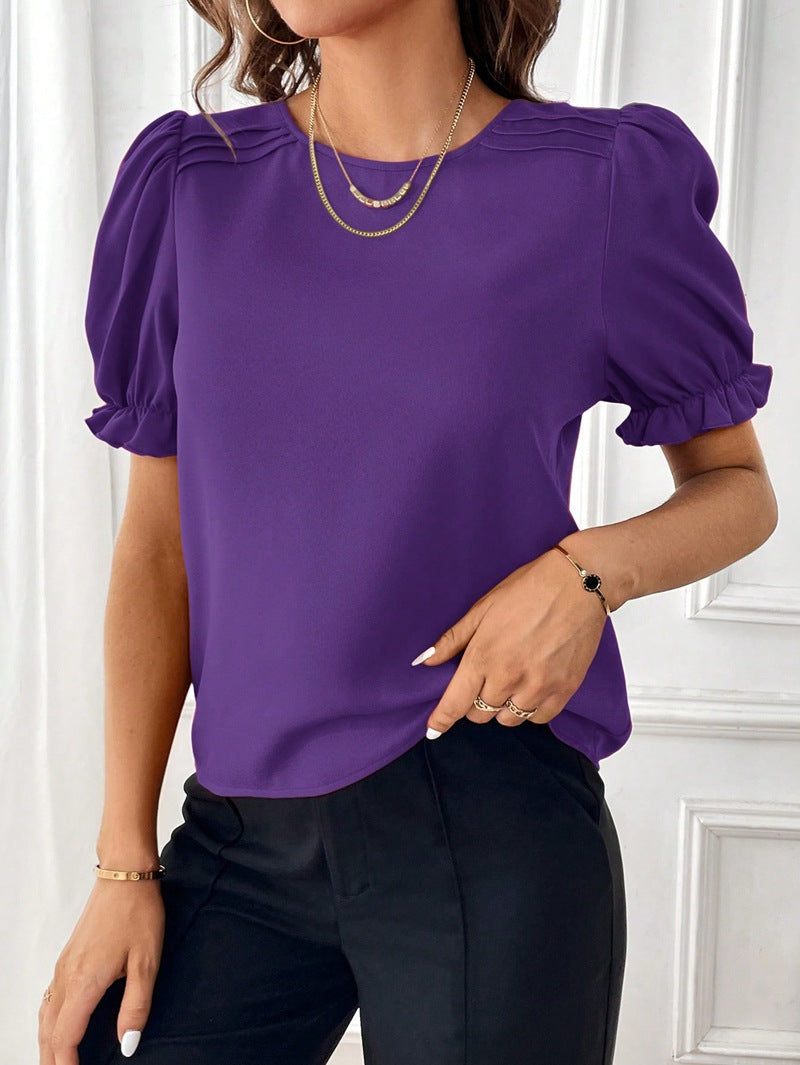 GR Pure-Color Round Neck Shirt Top with Temperament