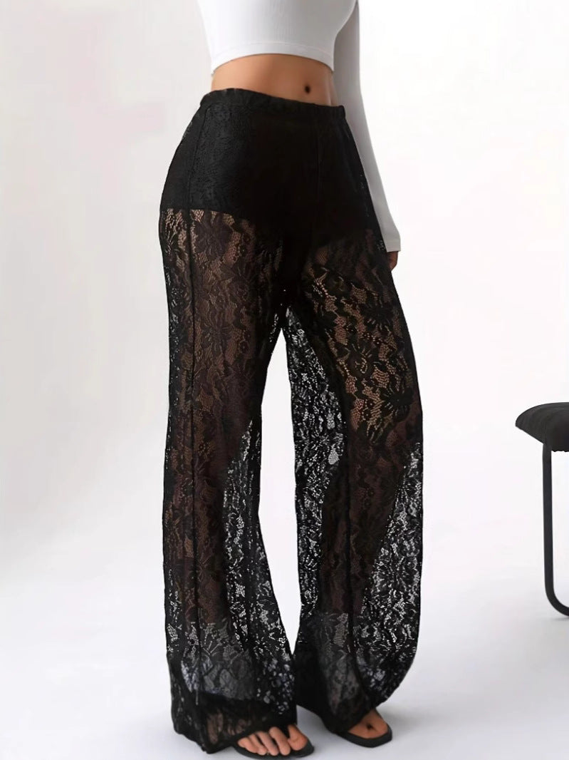 Women's elegant lace trousers with a wide cut and elasticated waistband, size