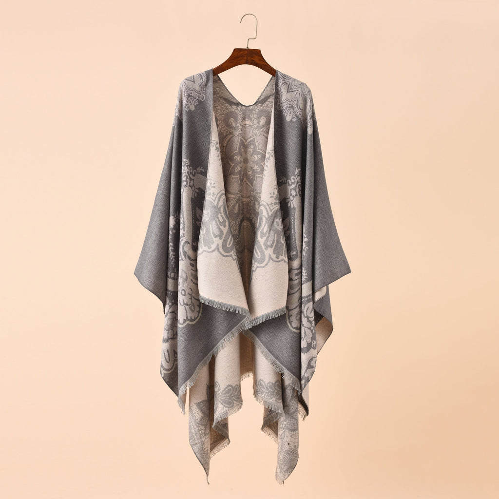 Women's Elegant Kimono Poncho with Artful Pattern and Fringed Edges GR