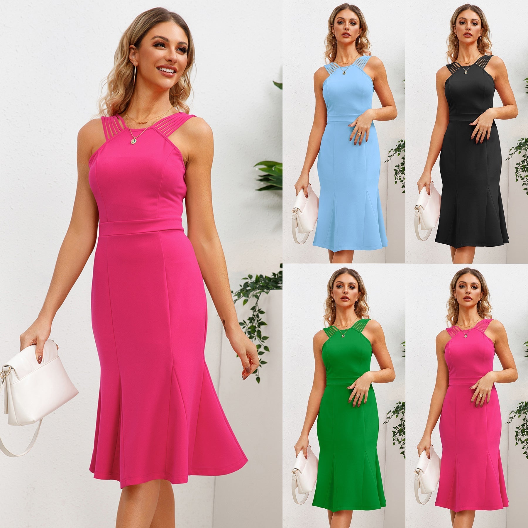 Women's midi dress with a sophisticated back cutout and flared hem, size S