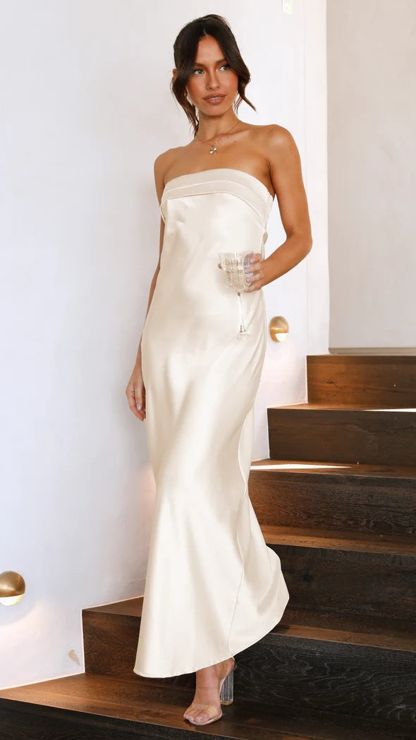 GR | Spring Summer Elegant Socialite Satin Hollow Neck Backless Tube Top Dress Length
