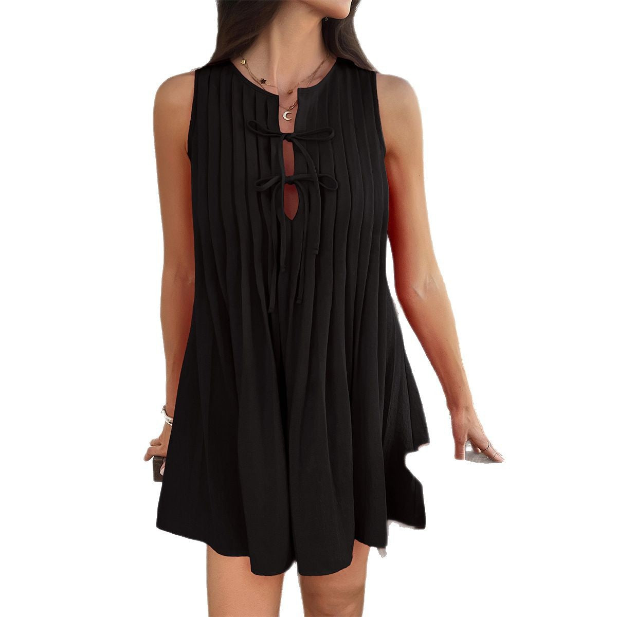 Women's short sleeveless dress with ruching and decorative keyhole neckline, size S