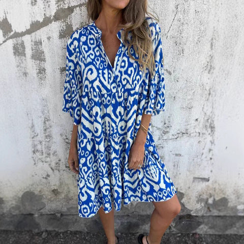 Women's casual beach dress with high side slits and fashionable print pattern, size S