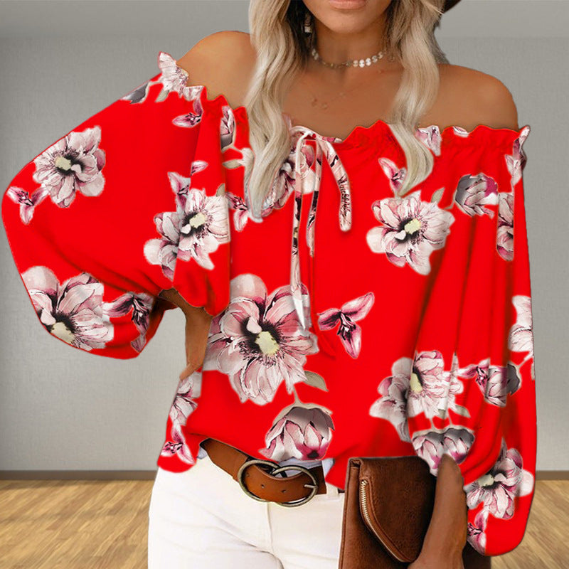 Women's off-the-shoulder blouse with floral pattern, size
