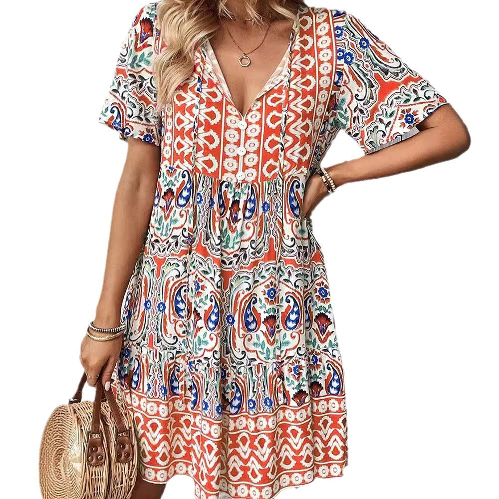 Women's cotton dress with boho-inspired pattern, size