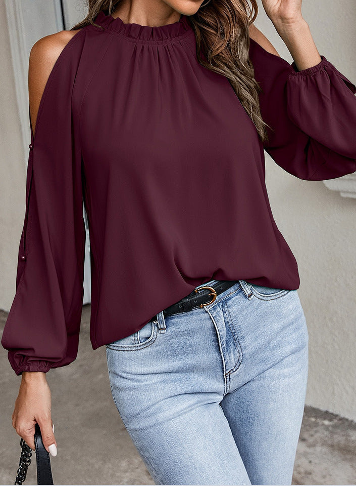 Women's chic top with off-the-shoulder panels and elegant ruffle details, size [size]