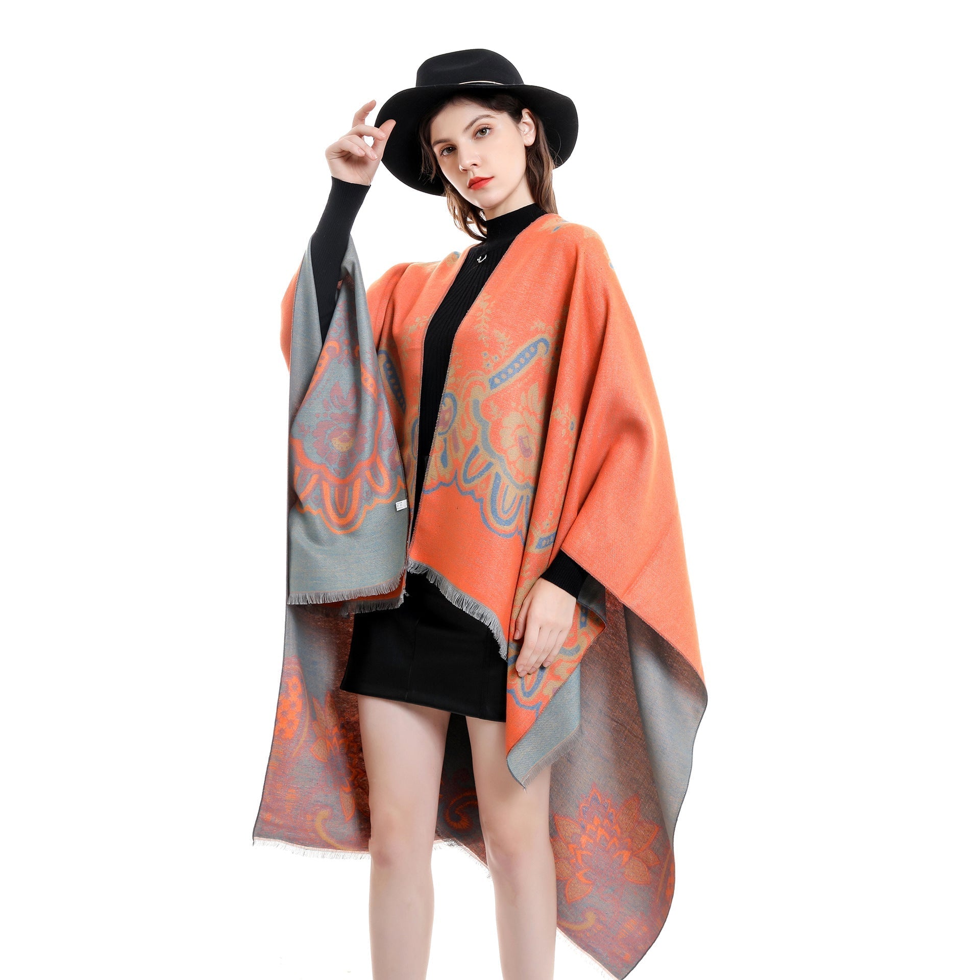 Women's Elegant Kimono Poncho with Artful Pattern and Fringed Edges GR