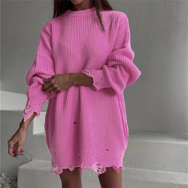 GR Ripped O Neck Oversized Sweater Kleid
