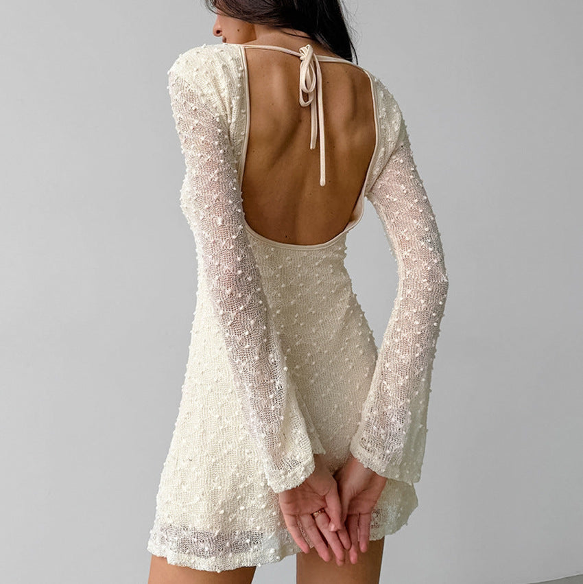 GR | Jacquard Mini Kleid Taillierte Silhouette Rundhals Langarm Rückenfrei Mit Schleife