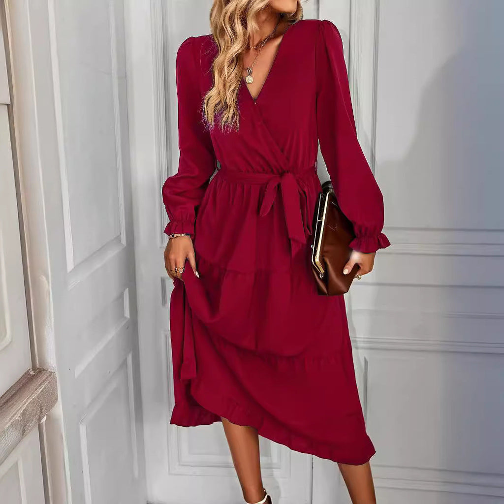 Women's wrap dress with ruffles and waist belt, size