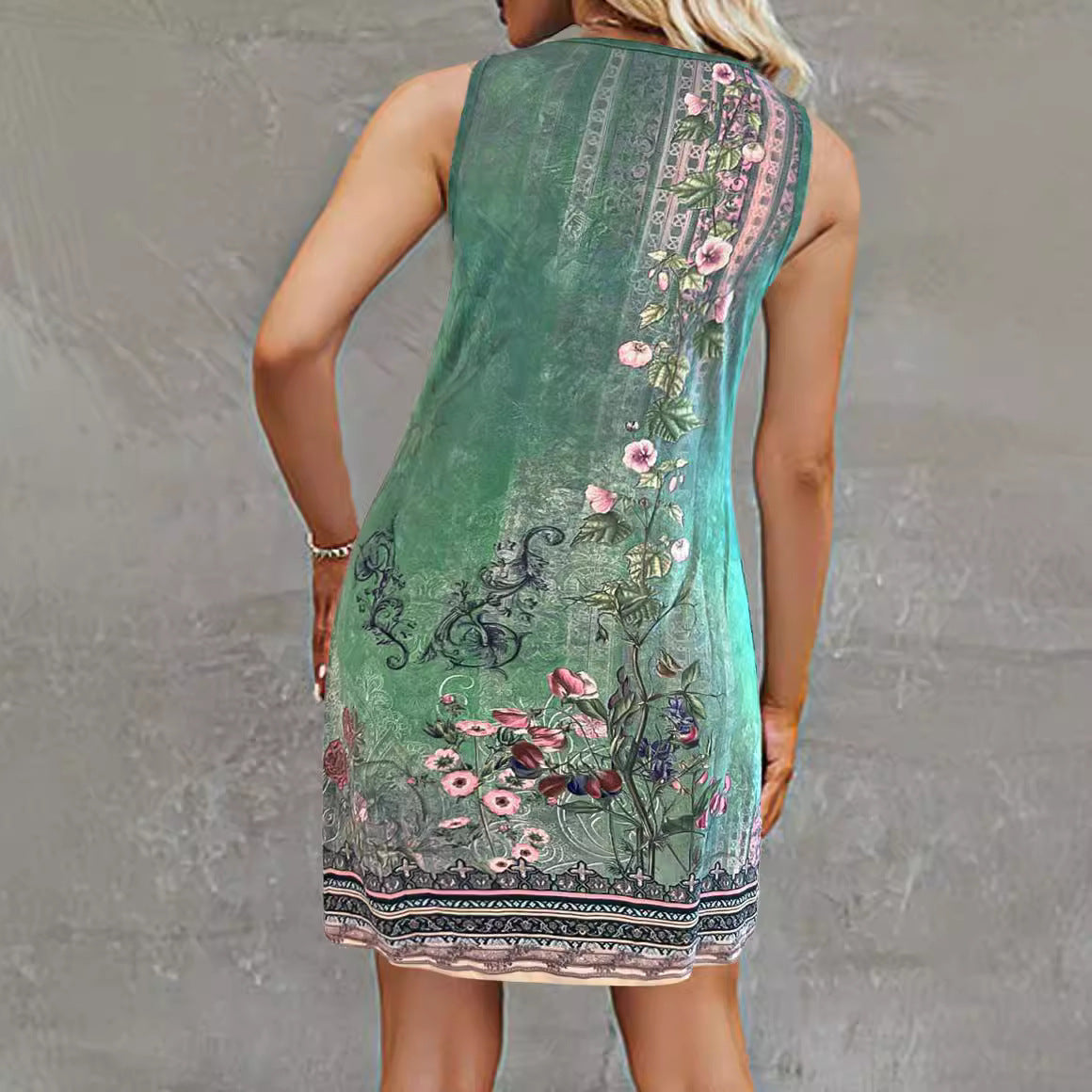 Damen ärmelloses Blusenkleid mit floralem Design und modischen Knopfdetails GR