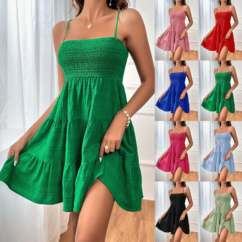 Women's casual dress with narrow straps and ruffle details, size