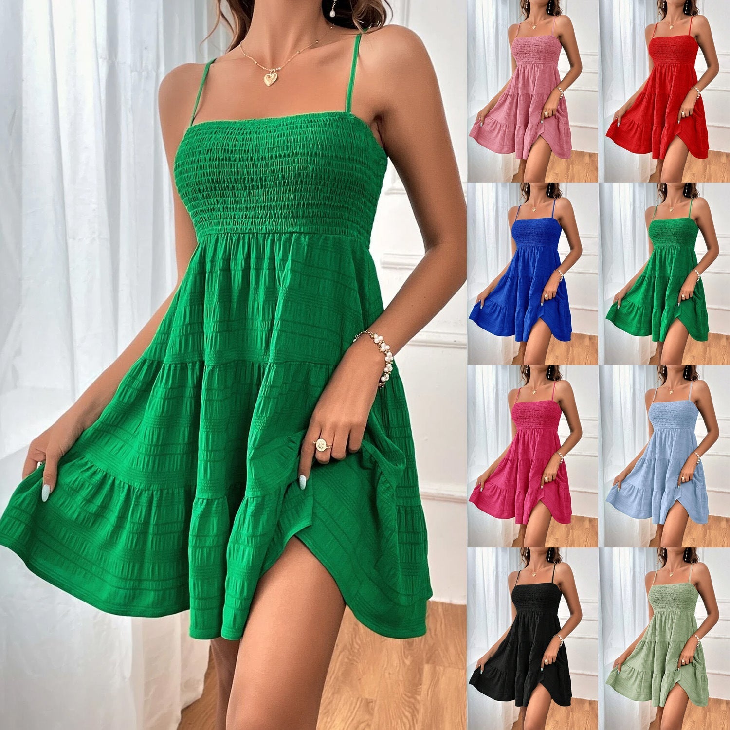 Women's casual dress with narrow straps and ruffle details, size