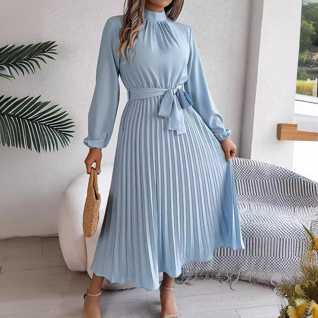 GR | Elegante Stehkragen Taillierter Plissierter Langer Rock kleines Kleid