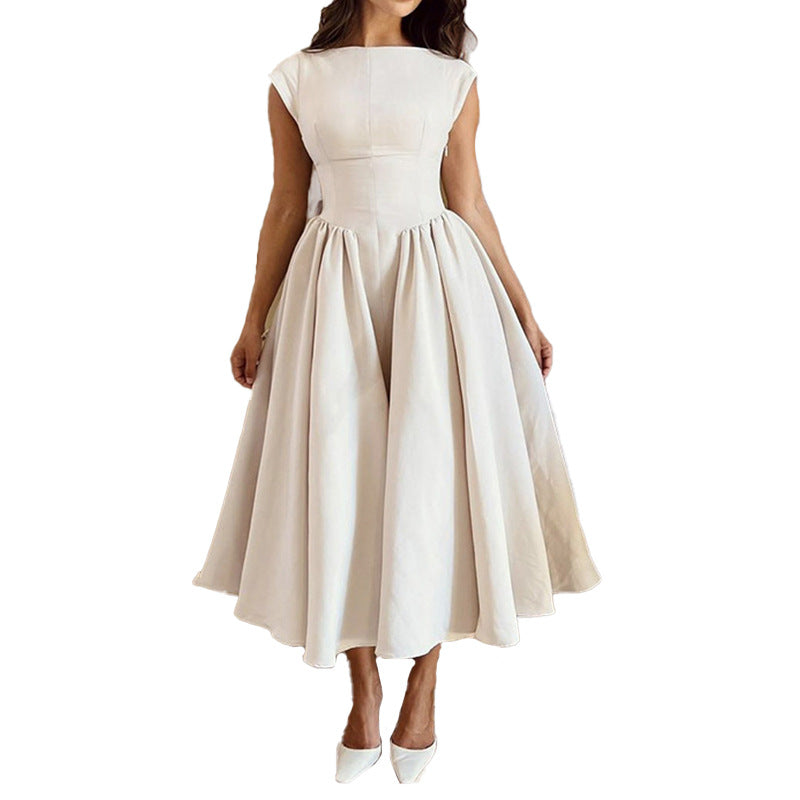 Women's elegant midi dress with fitted bodice and flowing skirt, size