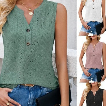 Women's sleeveless blouse top with button-decorated details and fine openwork pattern, size S