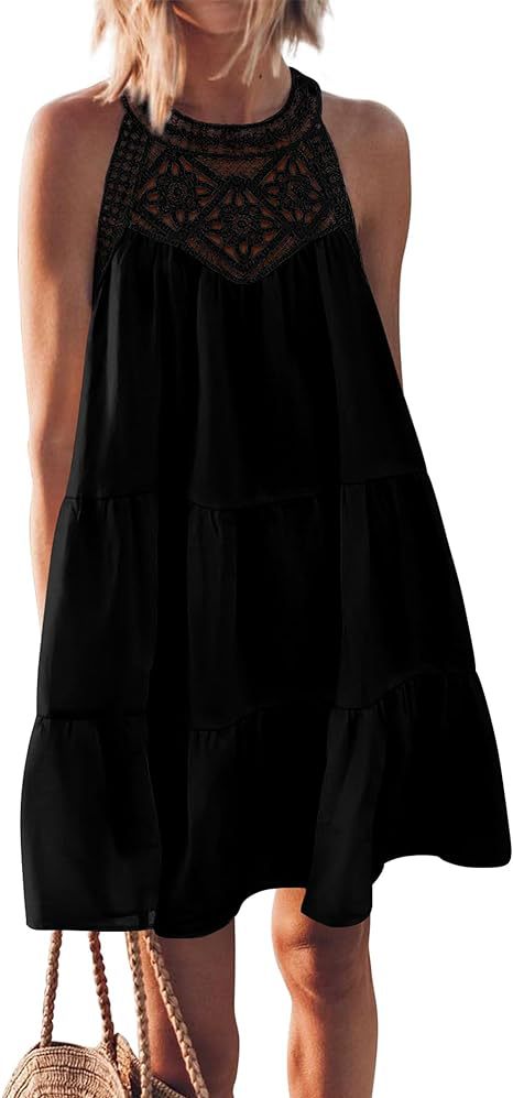Women's airy summer dress with lace trim and wide hem, size [size]