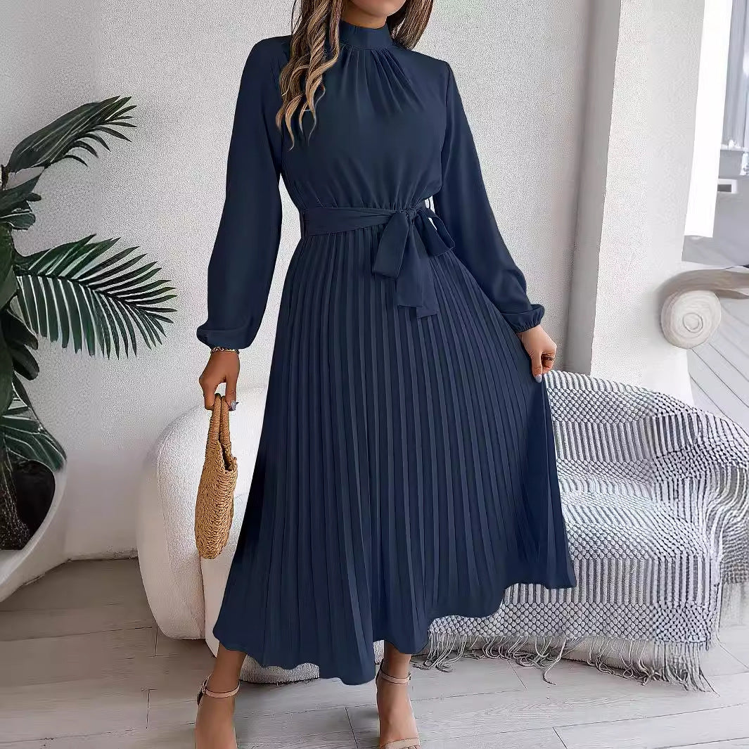 GR | Elegante Stehkragen Taillierter Plissierter Langer Rock kleines Kleid