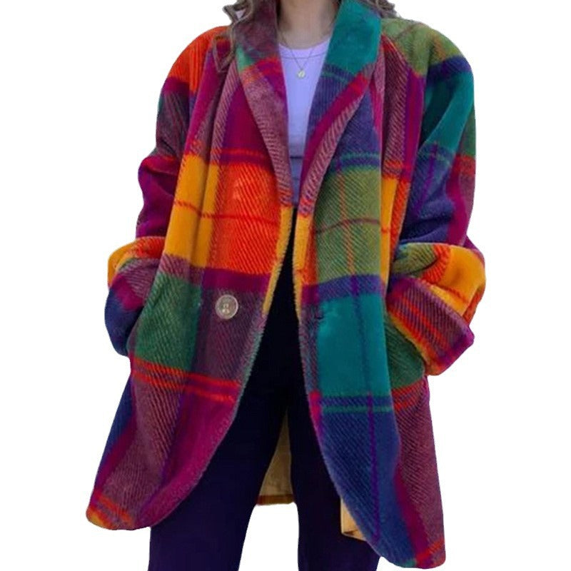 Women's Patterned Oversized Coat with Check Design and Soft Material, Size