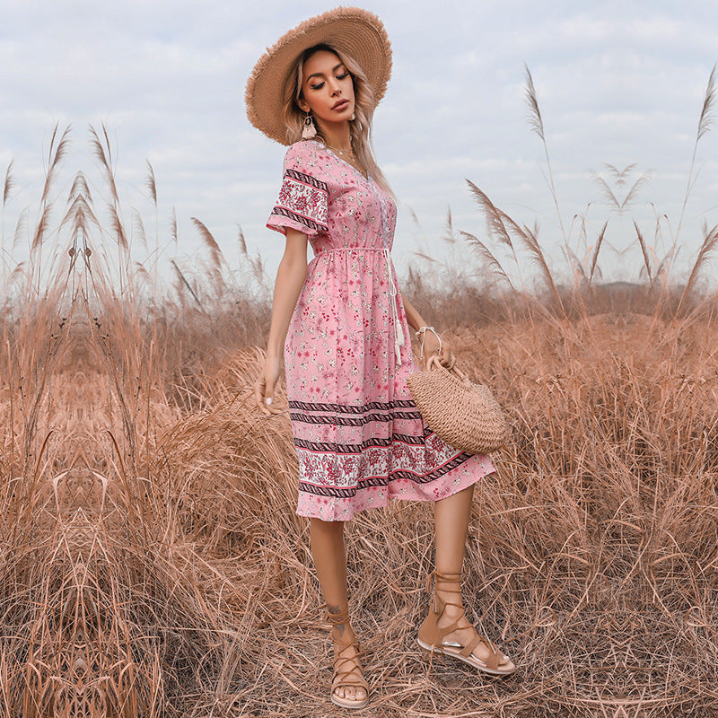 Damen Boho-Style Kleider mit Stickdetails und Taillenzugbund GR