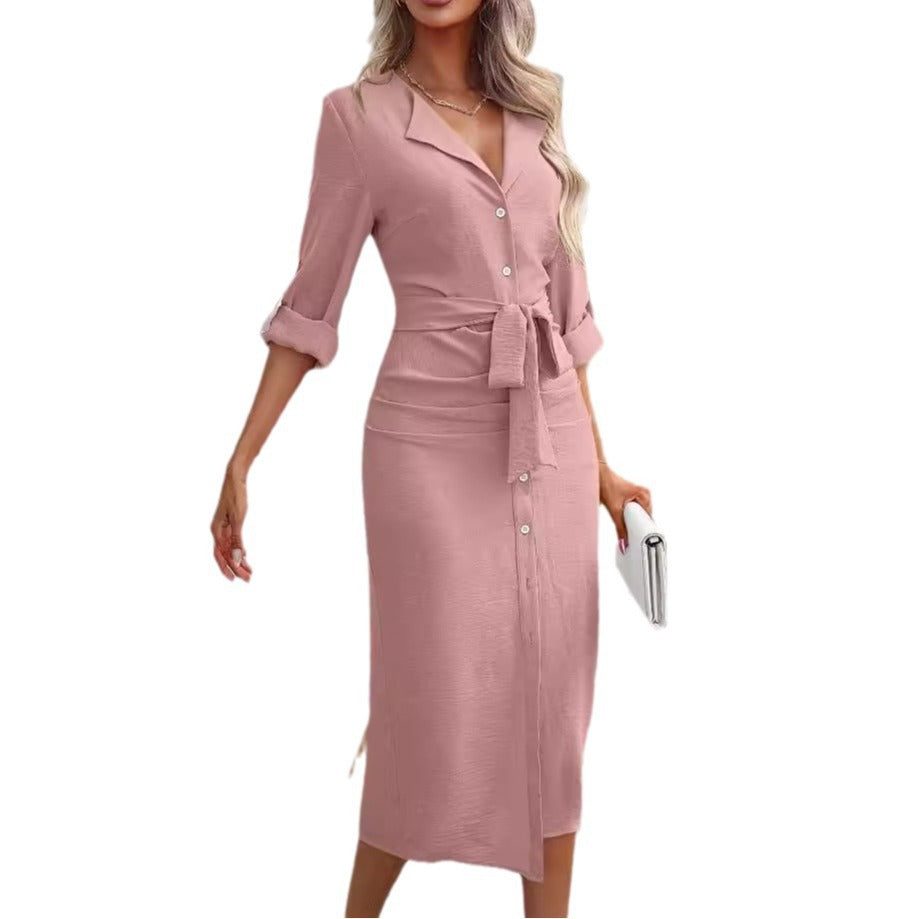 Women's knee-length shirt dress with belt and modern lapel, size S