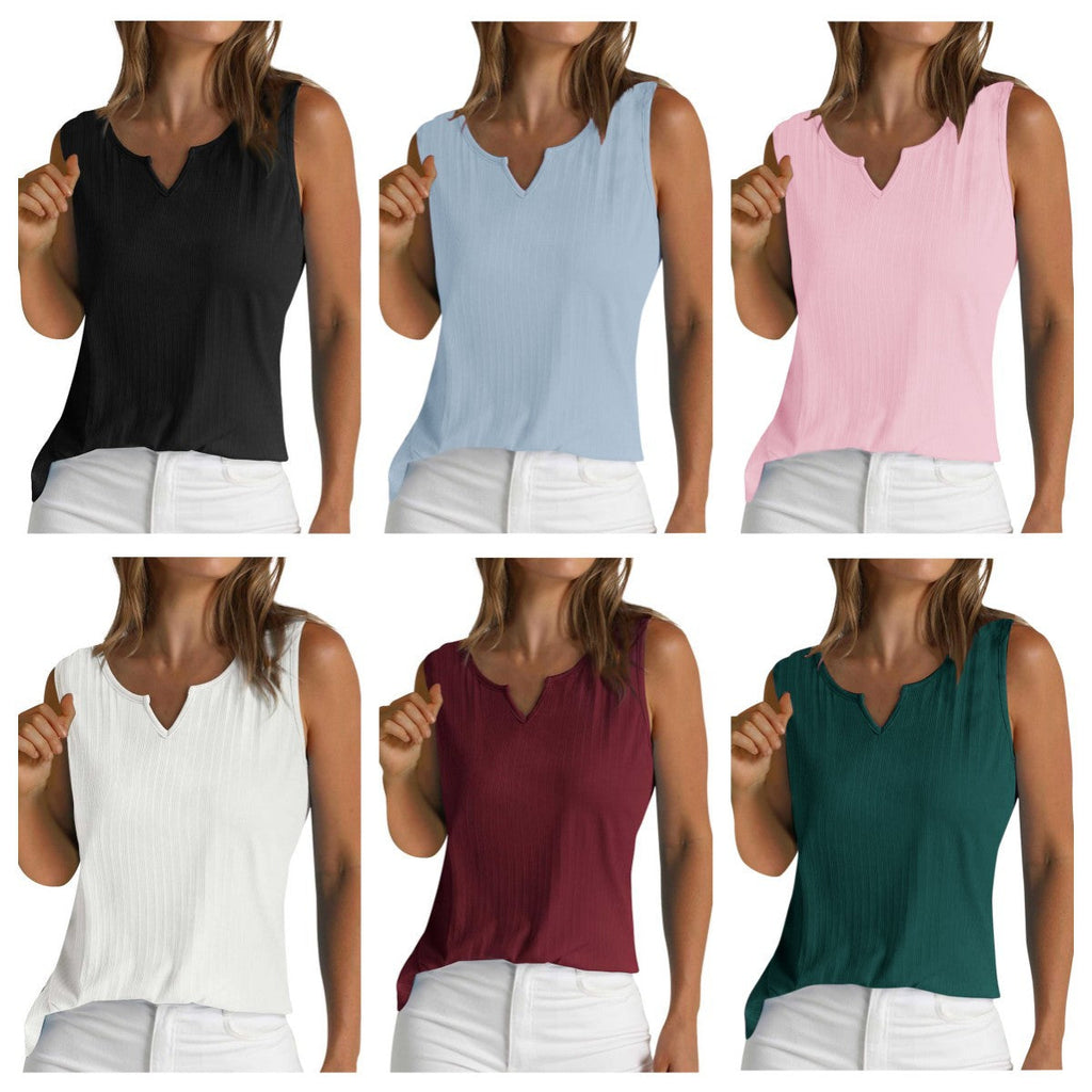 Women's sleeveless top with structured V-neck and fine rib design, size GR