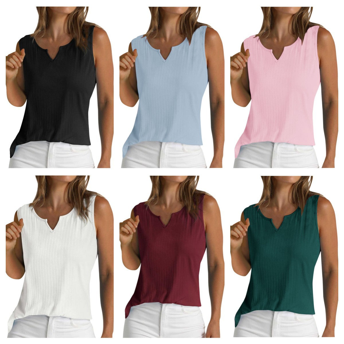 Women's sleeveless top with structured V-neck and fine rib design, size GR