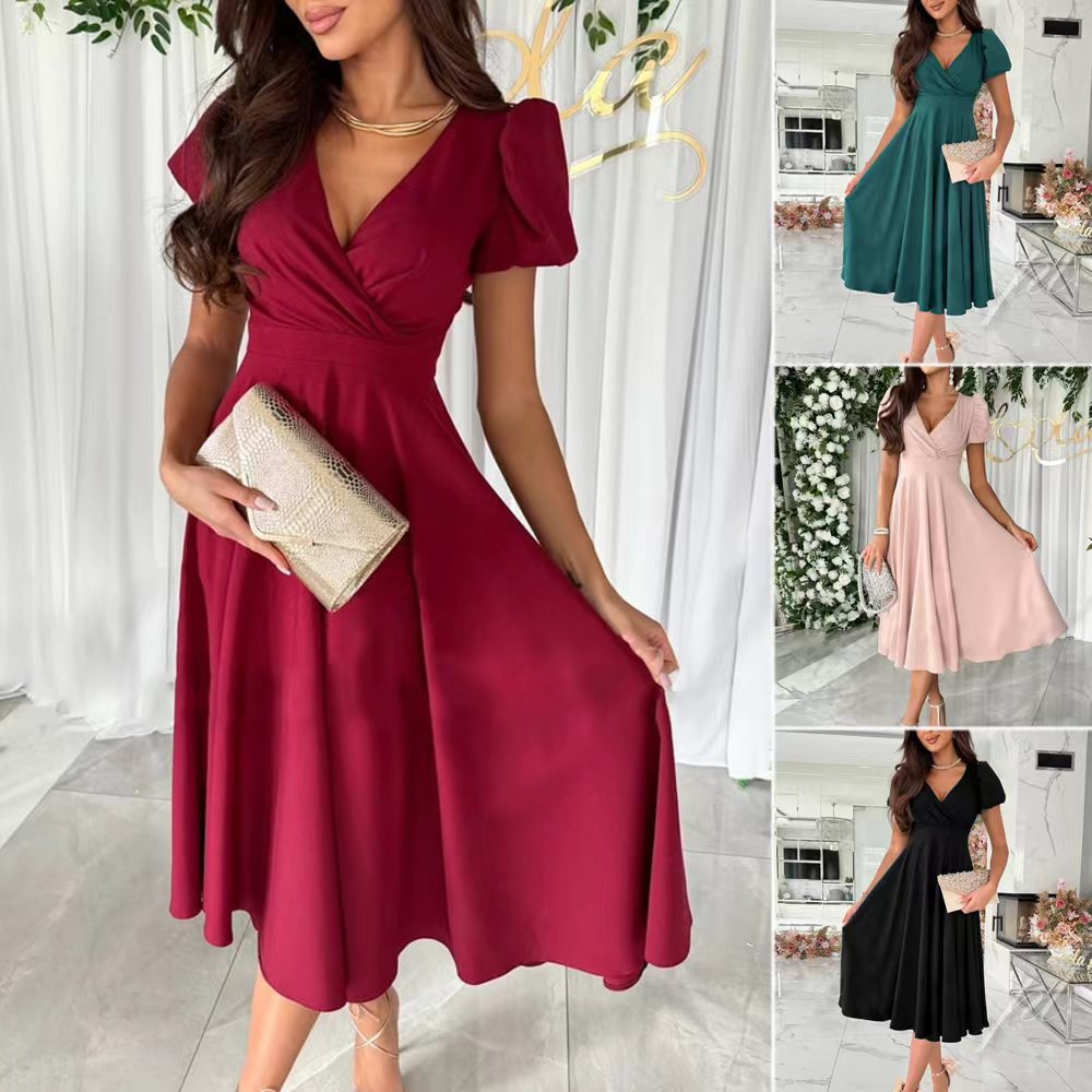 GR | Stylisches Pendeln Unifarbe V-Ausschnitt Puffärmel Kleid