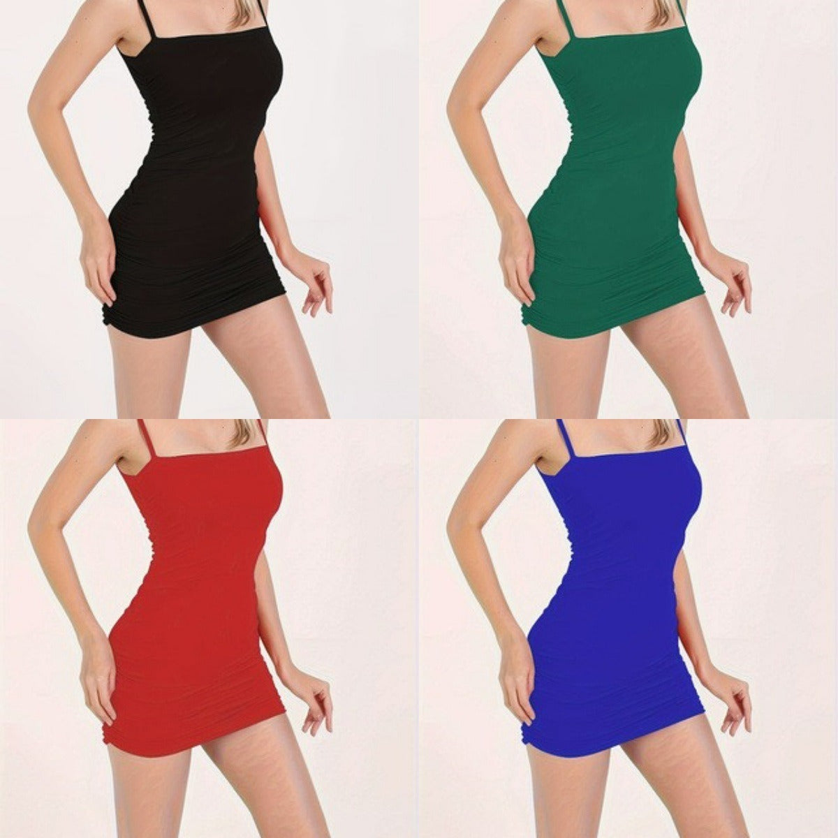 Women's figure-hugging mini dress with adjustable straps and ruching, size [size]