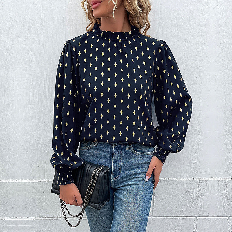 Women's blouse with elegant collar and fashionable pattern, size