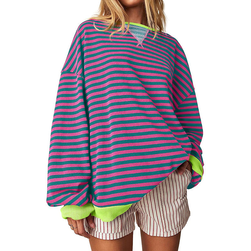 Women's Comfortable Striped Sweater with Raglan Sleeves and Elastic Cuffs Size