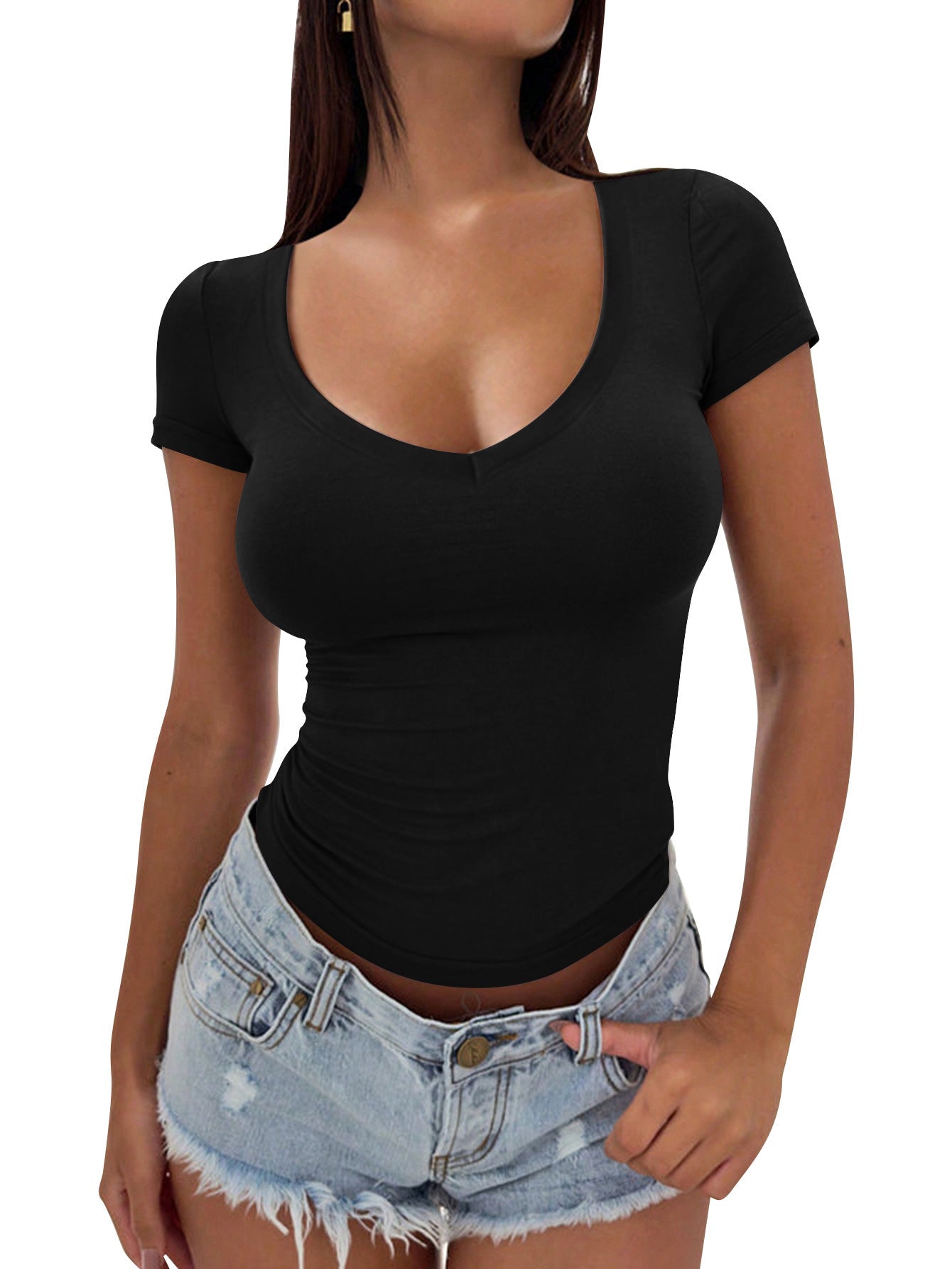 Women's fitted V-neck T-shirt made of soft stretch material, size