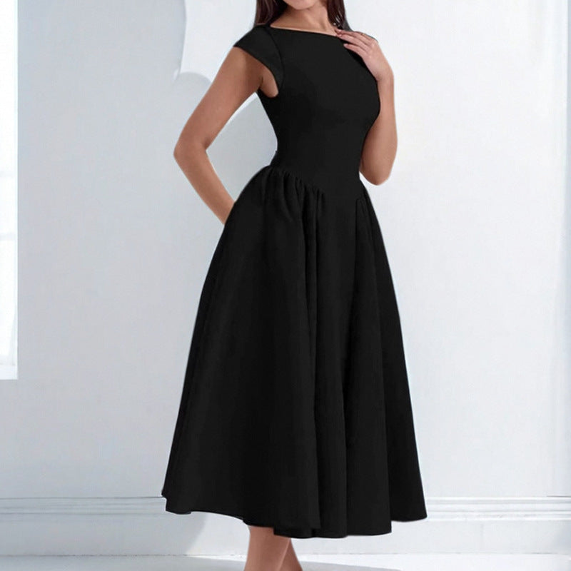 Women's elegant midi dress with fitted bodice and flowing skirt, size
