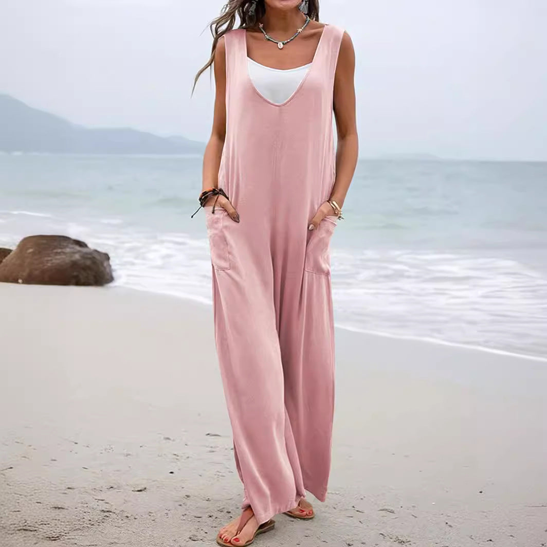 Women's casual jumpsuit with wide leg and comfortable pockets, size S