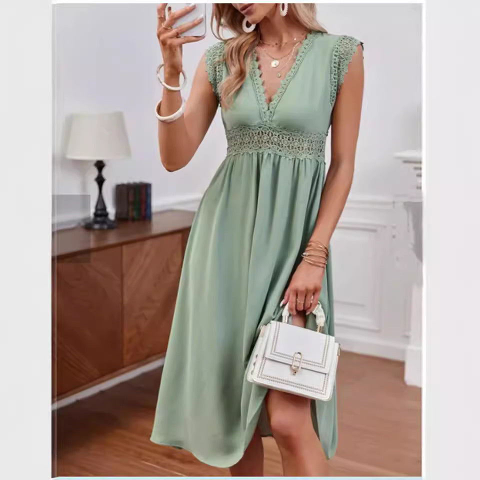 GR | Spitzen-Hollow-Patchwork-V-Ausschnitt-Kleid