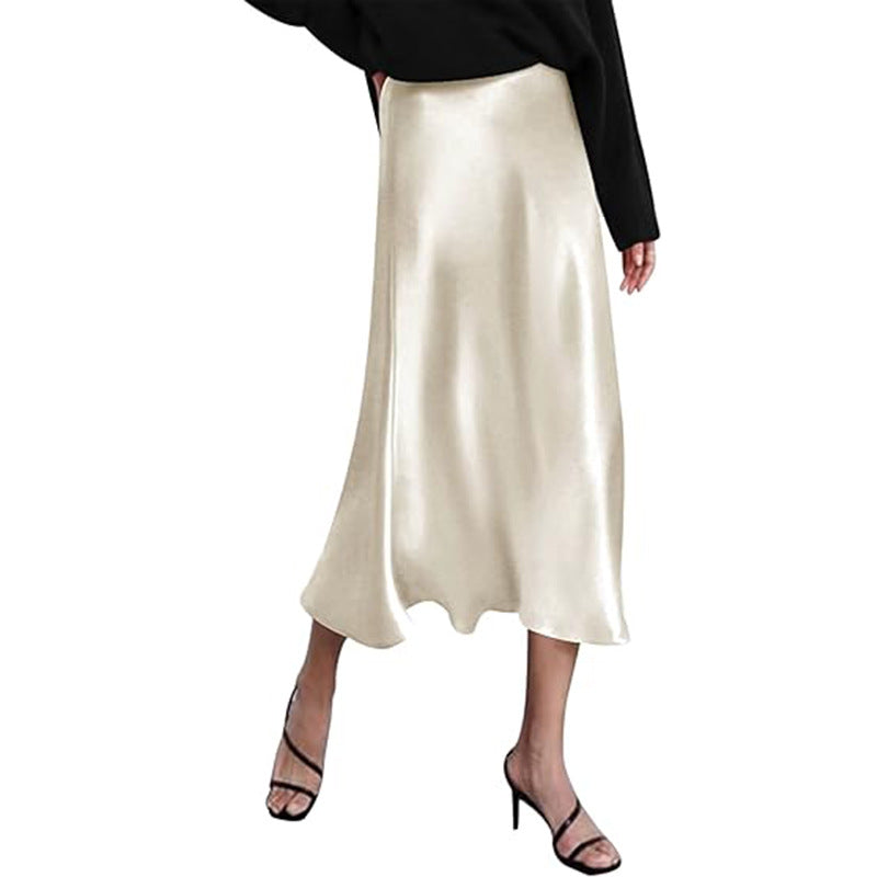 Women's elegant midi skirt in satin viscose with a flowing drape, size GR